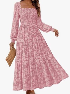 Square Neck Long Sleeve Pink Floral Maxi Dress